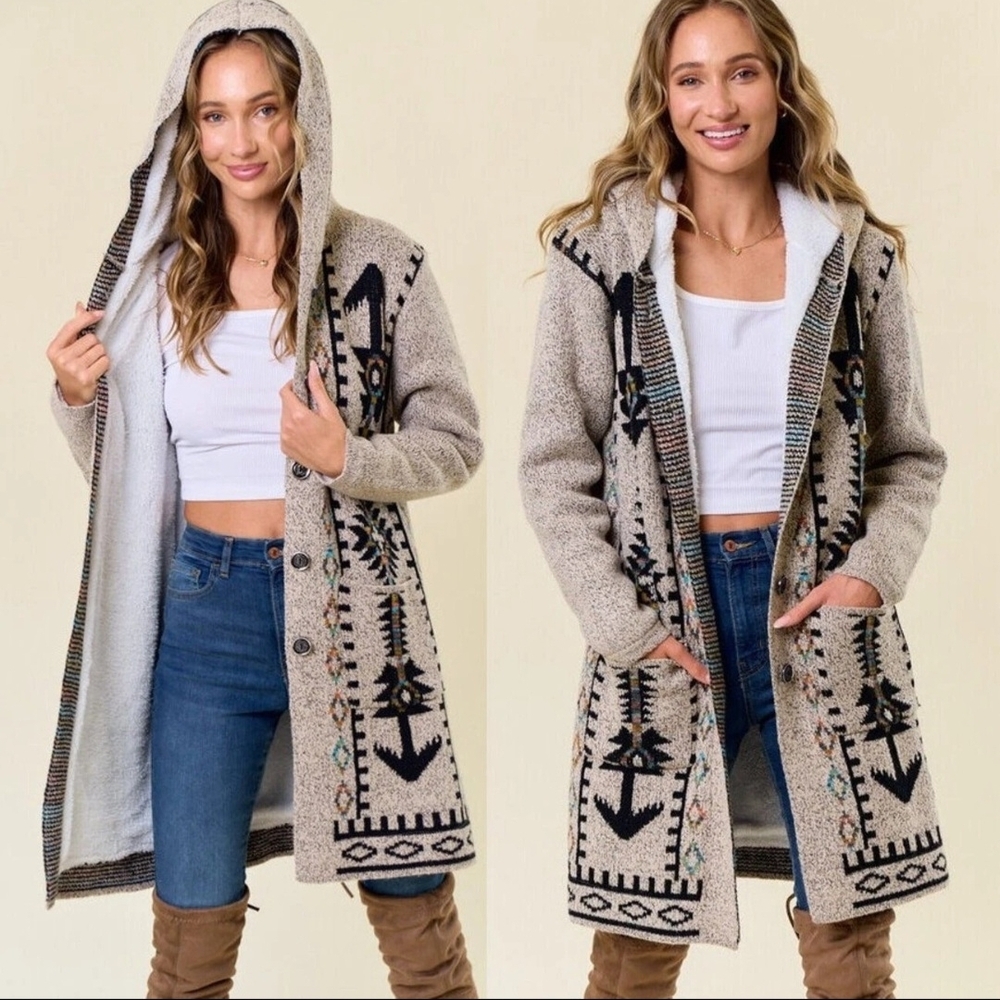 Aztec Tribal Cowichan Sherpa Fleece Lined Hooded Long Cardigan Sweater Jacket L